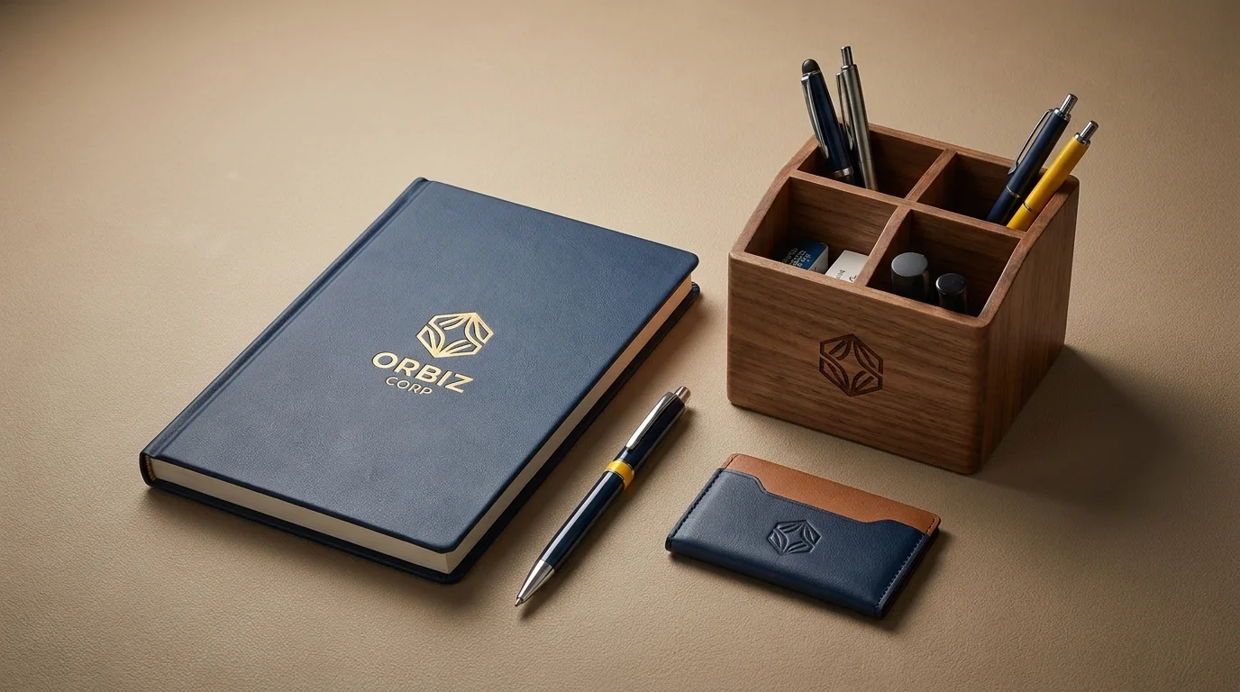 Branded notebook, pen, card holder and wooden desk organiser